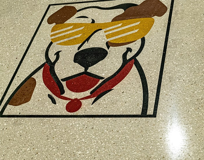 decorative concrete floor with dog decal design 