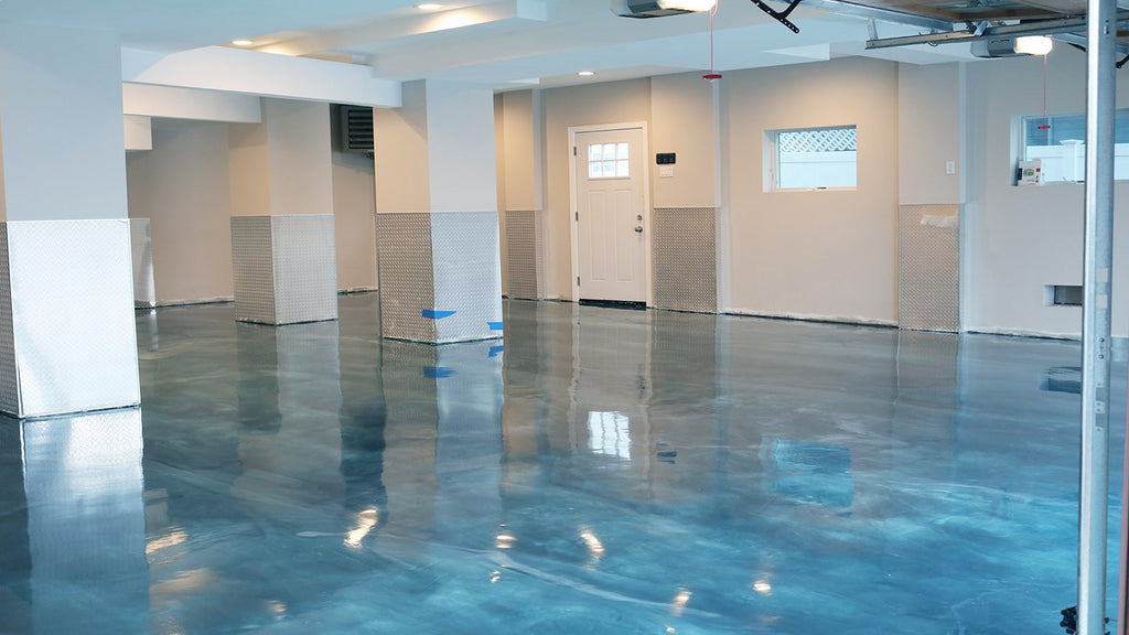 blue epoxy floor interior of empty room in commercial building 
