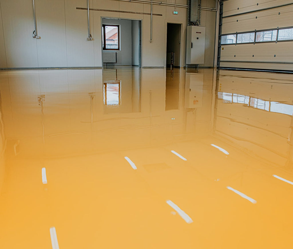 Solid yellow epoxy floor inside building