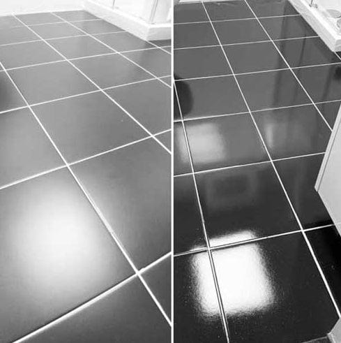 before and after using Rockhard krystal klear floor coating system